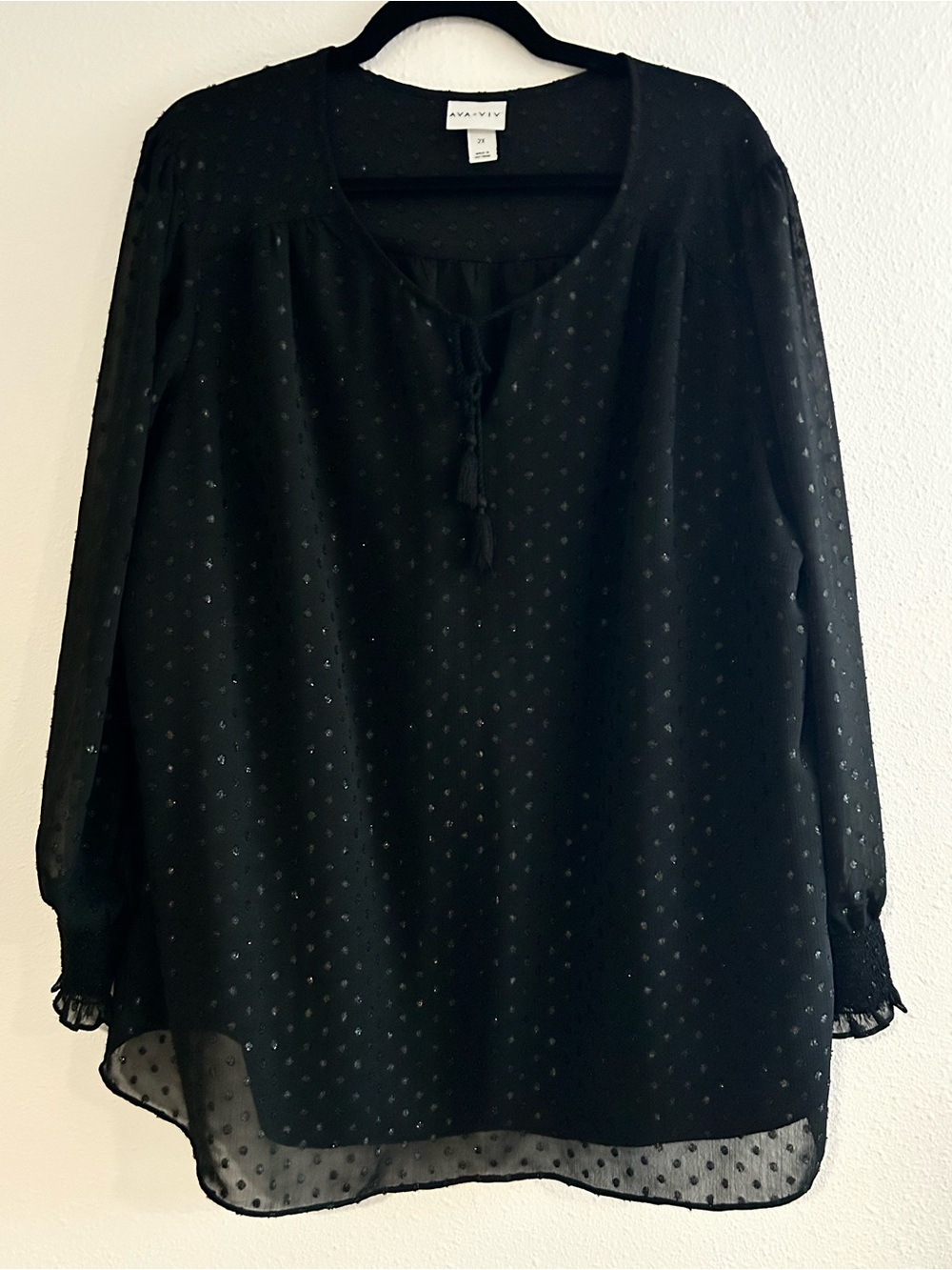 Ava & Viv Black Sheer Dot Tassel-Tie Tunic